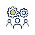 Graphic icon of gears and people.